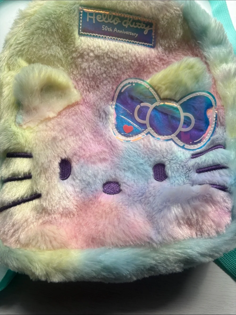Hello Kitty Pastel Rainbow Plush Kids Backpack with Teal Straps